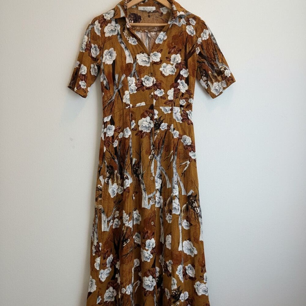 Rayon Horse Print Tea Dress - Brown Floral Equestrian Novelty Cottagecore